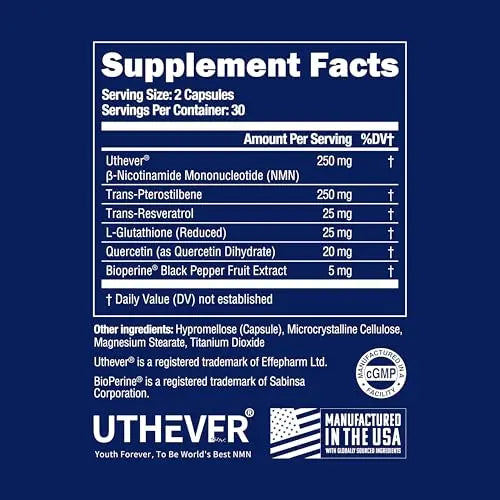BONE SCIENCE Uthever NMN & Pterostilbene 6-in-1 Complex with Resveratrol, Glutathione & BioPerine - High Purity Stabilized NAD+ Precursor for Healthy Aging & Cellular Energy - 60 Vegetarian Capsules BONE SCIENCEBuy Supplements Australia