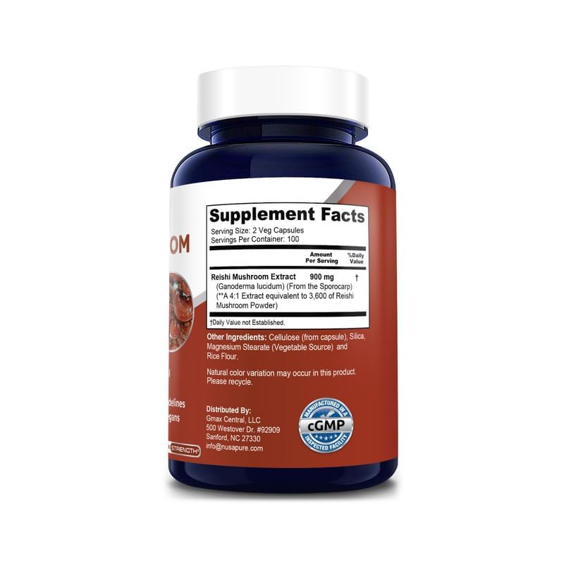 NusaPure Reishi Mushroom 4:1 Extract, 900 mg Equivalent to 3,600mg per Capsule 200 Veggie Caps Vegan, Non-GMO, Gluten-Free NusaPureBuy Supplements Australia