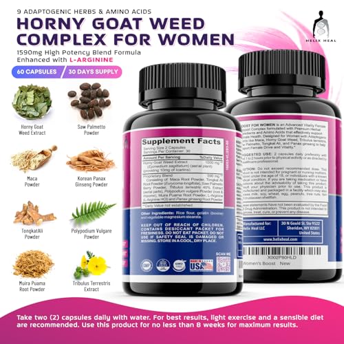 Helix Heal Libido Booster for Women Fast Acting with Horny Goat Weed - Female Desire Pills with Maca Root, Tribulus Terrestris, Ginseng and Hornygoatweed Women - Hormone Balance, Made in USA (60 ct) Helix HealBuy Supplements Australia