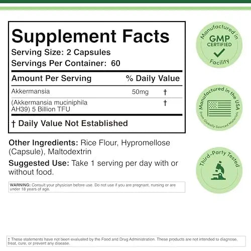 Akkermansia Probiotic and Postbiotic (Increases GLP-1 Production) 120 Capsules, 50mg per Serving (Third Party Tested to 5 Billion TFU per Serving, 50 Billion CFU per Gram) by Double Wood Double Wood SupplementsBuy Supplements Australia