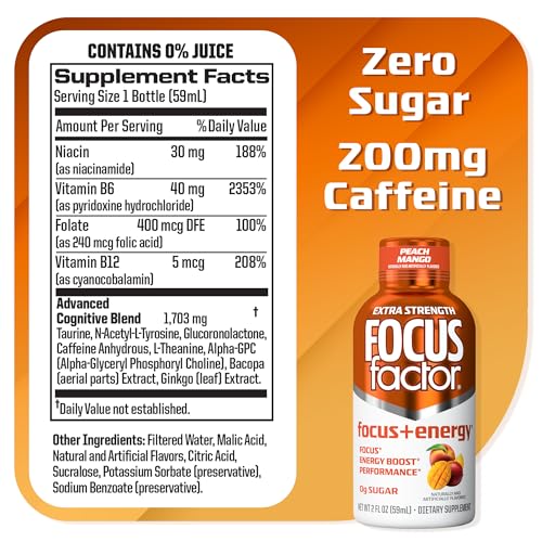 Focus Factor Extra Strength Focus + Energy Shots - 12 x 2oz Bottles (Peach Mango Flavor) - Powered by Nootropics with Caffeine, L-Theanine, Ginkgo, Bacopa, L-Tyrosine, Alpha GPC Focus FactorBuy Supplements Australia