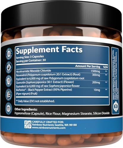 2010 MG NAD+ Supplement- Nicotinamide Riboside, Resveratrol, Quercetin & BioPerine® (High Absorption)- Natural NAD Booster for Anti-Aging, Cellular Energy, Skin- For Women & Men- 90 V Capsules Rainbow Nutrients, LLCBuy Supplements Australia