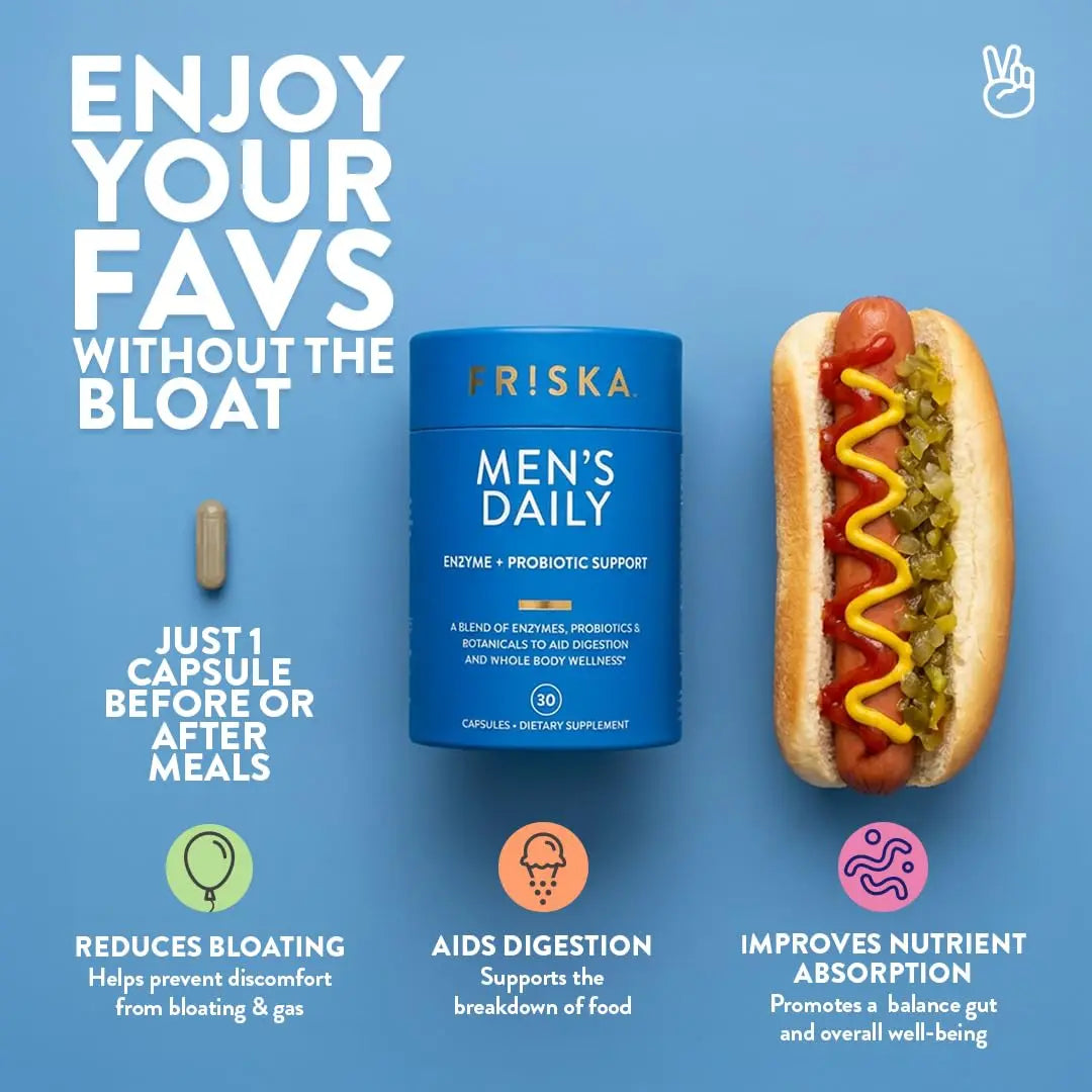 Friska Daily Digestive Enzymes with Probiotics for Men - Helps Break Down Protein, Fat & Carbs, Reduces Bloating & Gas, with Vitamins B6 & B12, 30 Capsules FR!SKABuy Supplements Australia