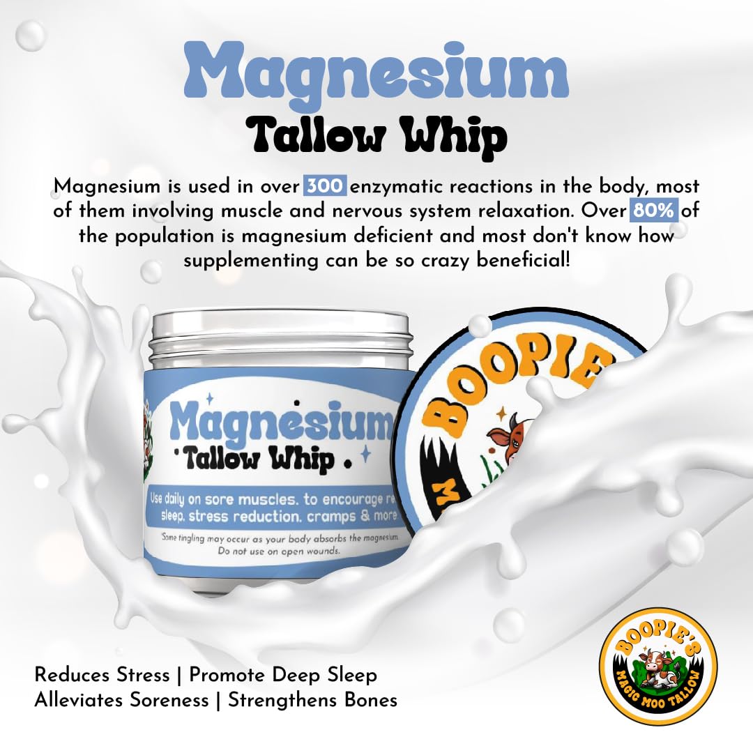 Magic Moo Magnesium Whipped Tallow Skincare for sore muscles, sleep, muscle and period cramps, stress, relaxation & more. Topical magnesium that works. Boopie's Magic Moo TallowBuy Supplements Australia