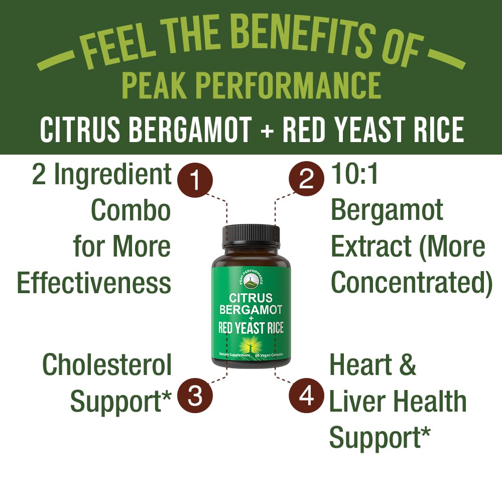 Citrus Bergamot + Red Yeast Rice. 2-in-1 Supplement. High Strength 10:1 Bergamot Extract. No Gluten, Zero Sugar, Vegan Capsules Peak PerformanceBuy Supplements Australia