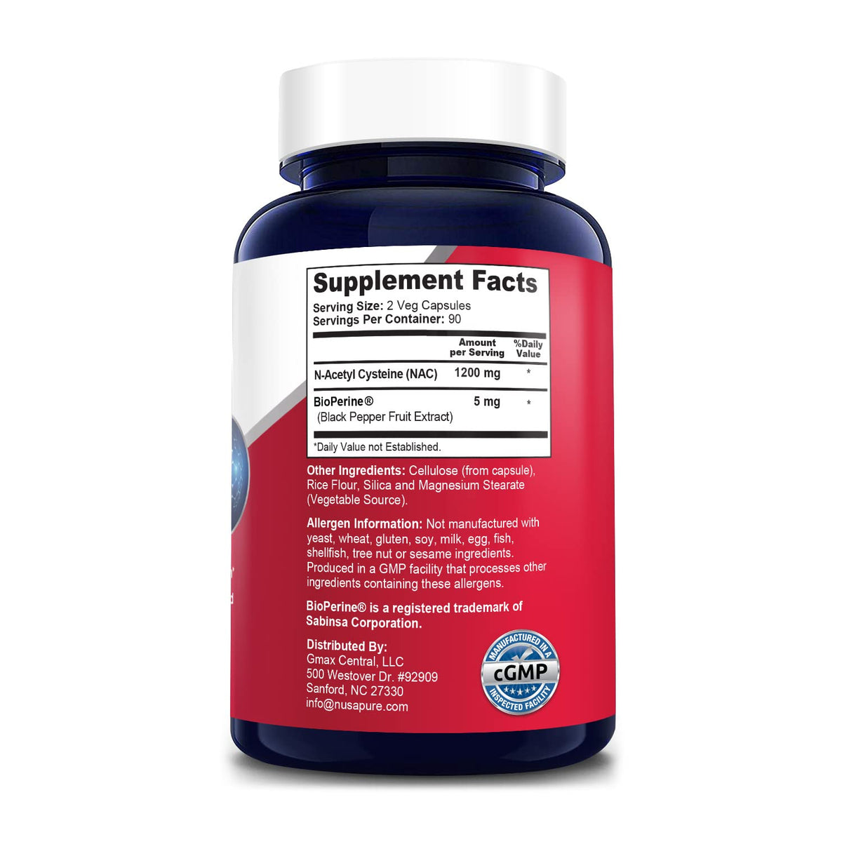 NusaPure N-Acetyl Cysteine (NAC) 1200mg 180 Veggie Caps (Vegetarian, Non-GMO, Gluten Free) Bioperine NusaPureBuy Supplements Australia