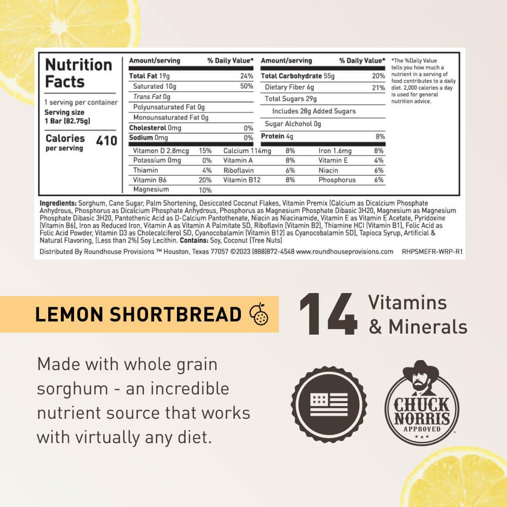 Roundhouse Provisions by Chuck Norris Emergency Food Bars - High Calorie Lemon Shortbread, 14 Vitamins & Minerals - Whole Grain Sorghum, 5-Year Shelf Life - Survival Rations for Crisis & Adventure ROUNDHOUSE PROVISIONBuy Supplements Australia