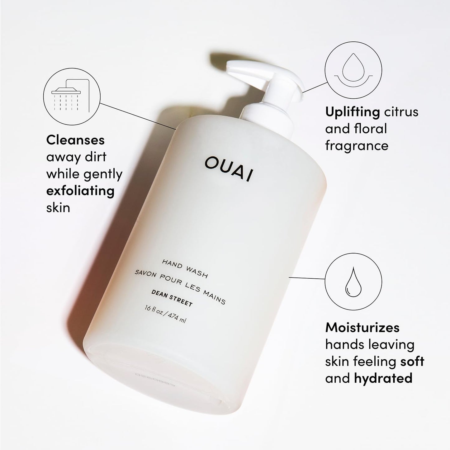 OUAI Hand Wash, Dean Street - Liquid Hand Soap with Jojoba, Avocado, & Rose Hip Oil for Replenished Skin - Gentle Exfoliating Kitchen & Bathroom Soap (16 Fl Oz) OUAIBuy Supplements Australia