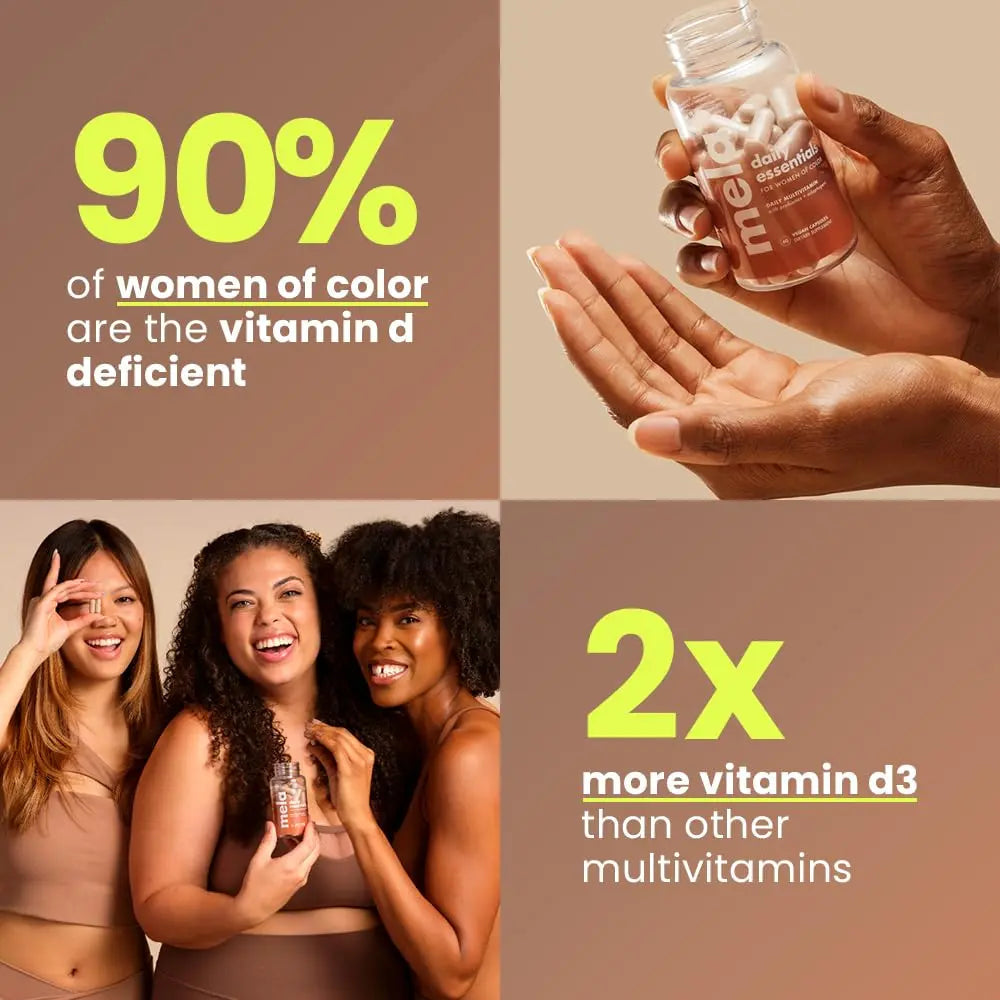 Mela Daily Essentials Multivitamin for Melanated Women - High-Dose Vitamin D3 and B12, Probiotics, Lion's Mane, Ceylon Cinnamon Mela