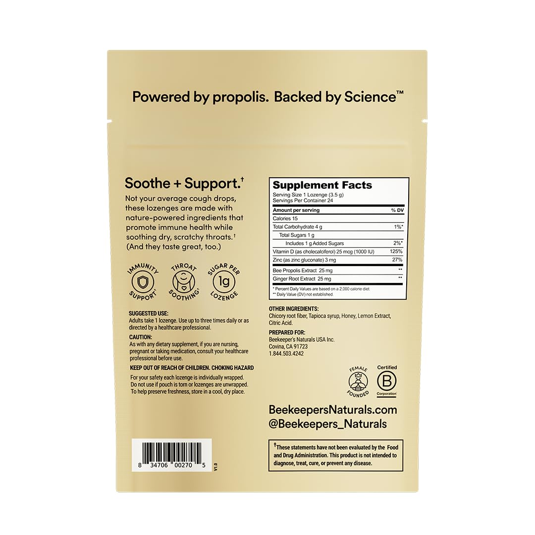 Beekeeper's Naturals Soothing Honey Ginger Lemon Cough Drops - Immune Support with Vitamin D, Zinc and Propolis Throat Soothing Lozenges, 24 Ct Beekeeper's Naturals buy supplements Au