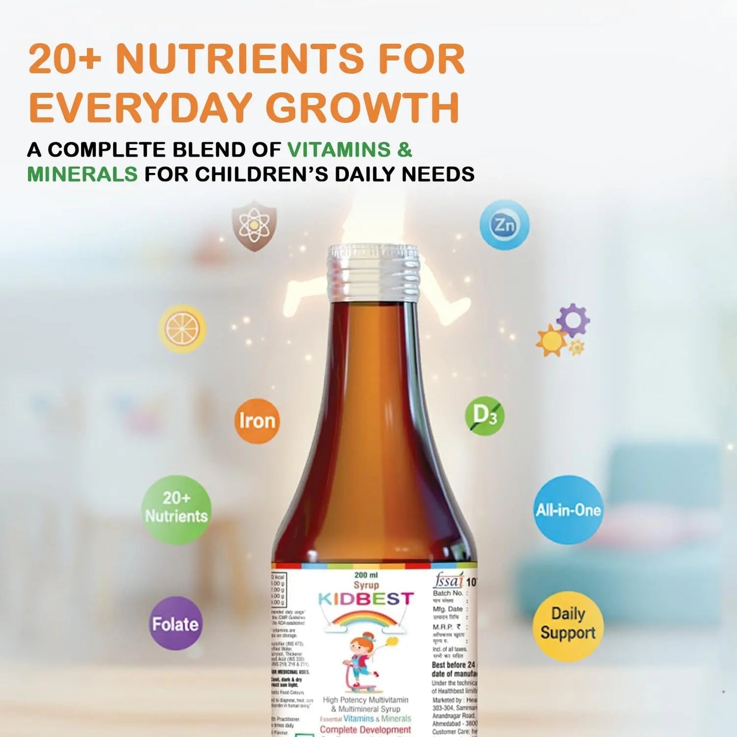 Kidbest Multivitamin Syrup for Kids 3-13 Years – Liquid Formula with 20 Nutrients for Appetite, Immunity, and Growth – Tasty Daily Vitamins HealthBest