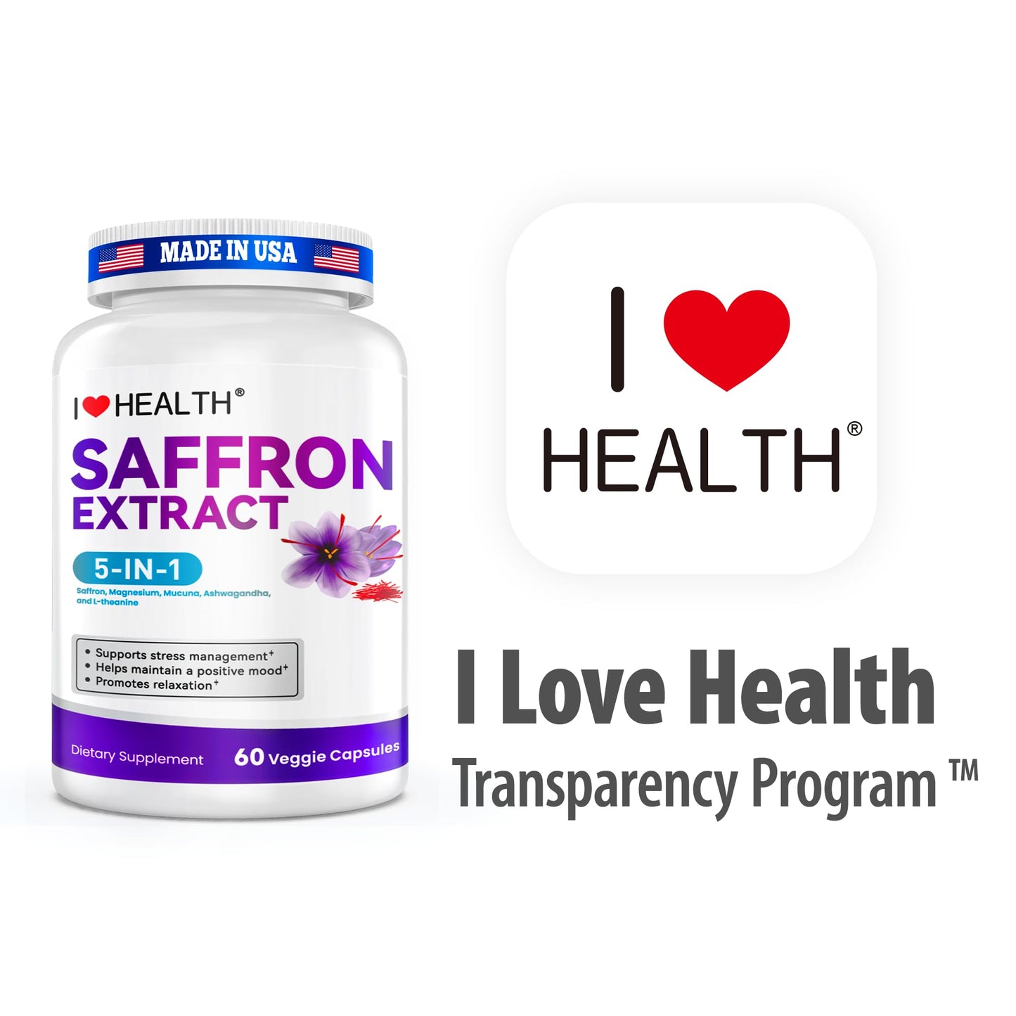 I LOVE HEALTH Saffron Supplement – 88.5mg with Magnesium Glycinate, Ashwagandha & L-Theanine for Stress Relief, Calm Mood & Emotional Balance – Made in USA – 60 Capsules I LOVE HEALTH buy supplements Au