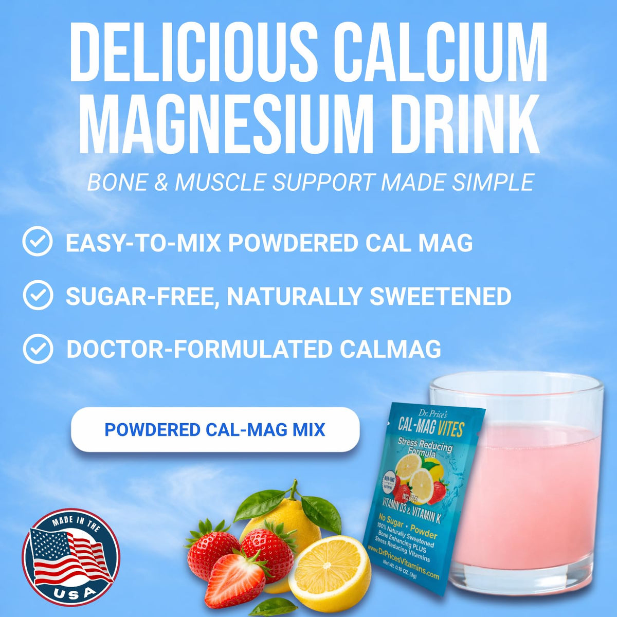 Dr. Price’s Cal-Mag Vites – Strawberry Lemon, 30 Packs | Calcium Magnesium Powder Packets + Vitamin D3, K & Boron | Calming Bone & Muscle Support for Kids & Adults | Doctor-Formulated, Made in USA Dr. Price's VitaminsBuy Supplements Australia