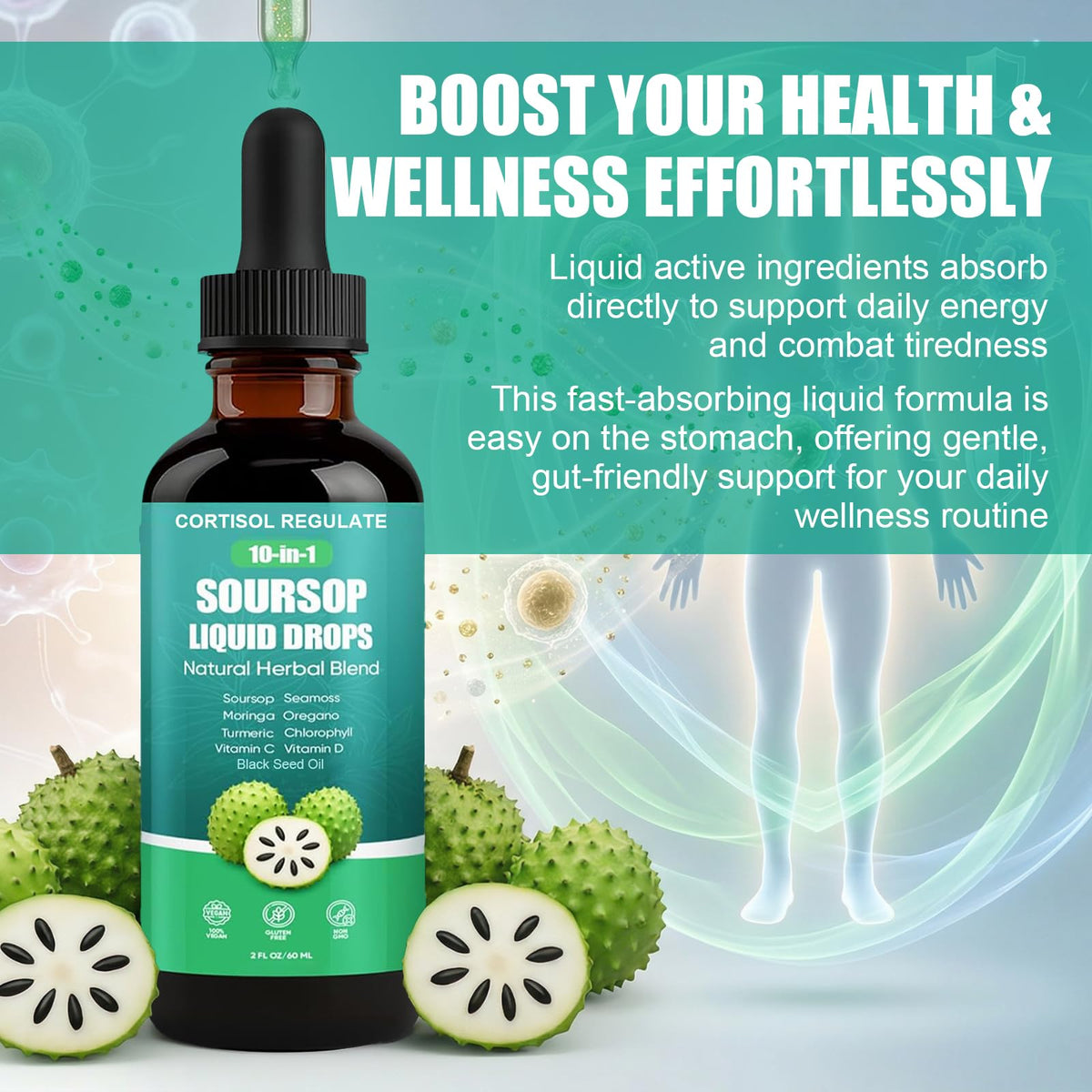 CORTISOL REGULATE Soursop Liquid Drops, 10-in-1 Blend with Sea Moss, Moringa, Turmeric, Black Seed Oil, Oregano, and More, 2 fl oz (1 Pack) CORTISOL REGULATE buy supplements Au