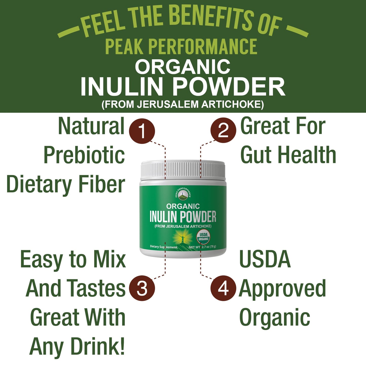 Peak Performance Organic Inulin Powder Natural Prebiotic Fiber for Gut Health. USDA Organic Raw Plant Based Vegan Prebiotics FOS Supplement from Jerusalem Artichoke Peak PerformanceBuy Supplements Australia