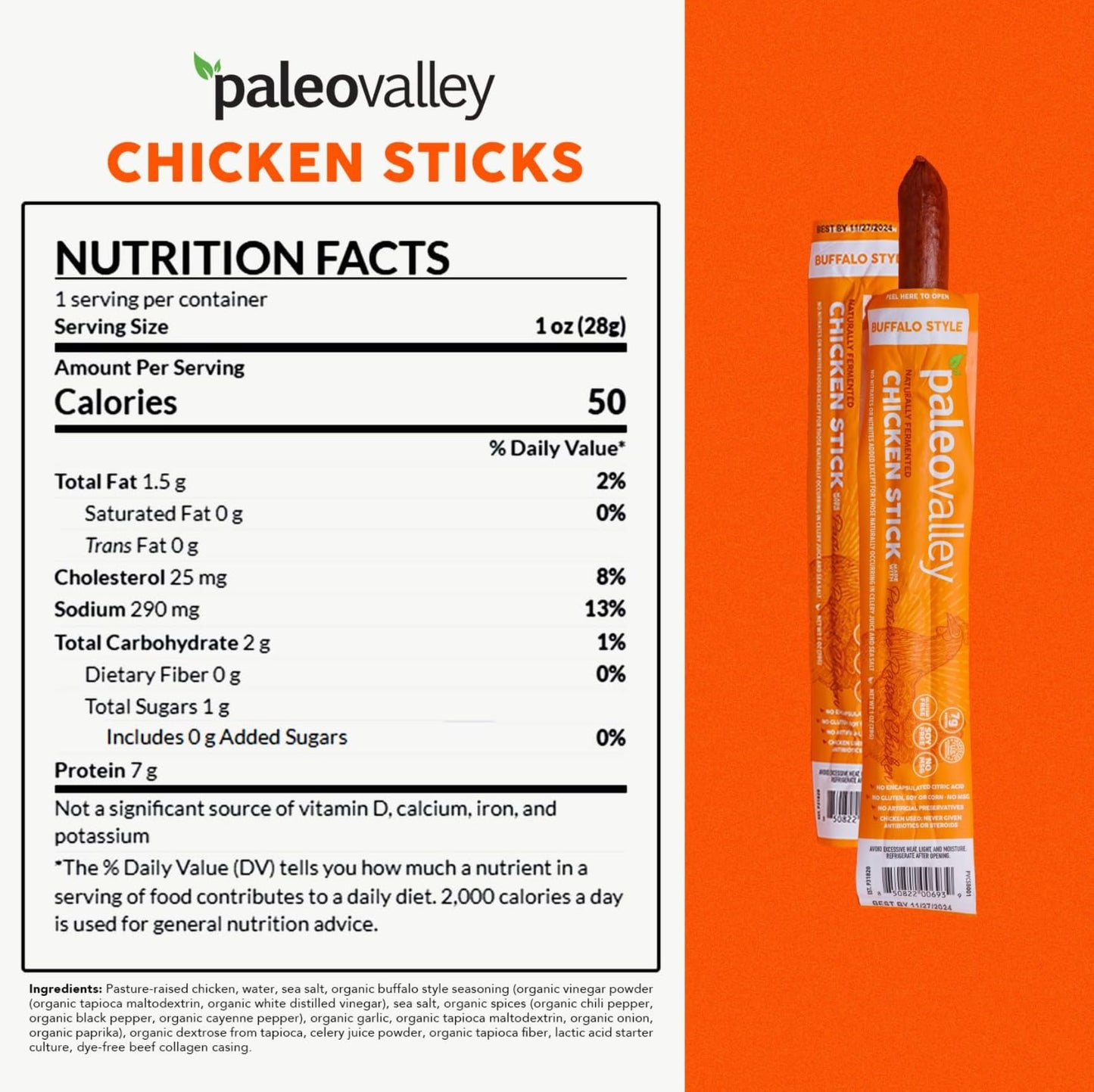 Paleovalley Pasture-Raised Chicken Sticks – 10 Pack – 7g Protein per Stick – Keto-Friendly, Paleo, Gluten-Free, Nitrate-Free – On-the-Go Snack (10 Pack, Buffalo) PaleovalleyBuy Supplements Australia