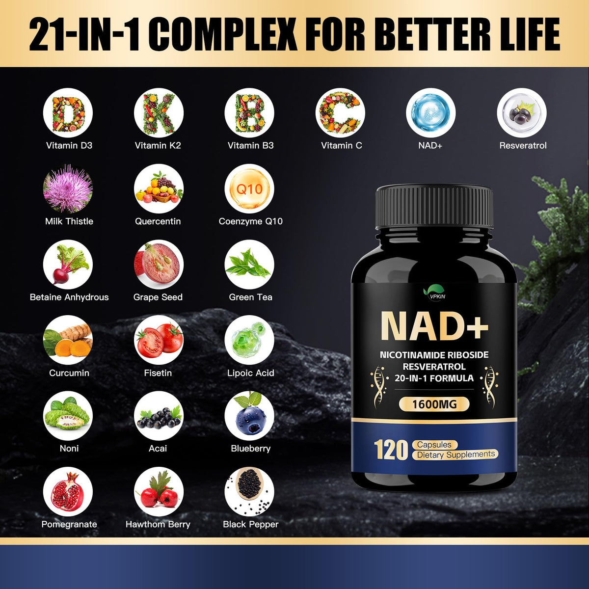 VPKIN NAD Supplement,1500mg NAD+ Supplement with Resveratrol,Nicotinamide,Quercetin,CoQ10,Support Energy & Repair, Vitality,Non-GMO, No Fillers(120 Capsules) VPKINBuy Supplements Australia