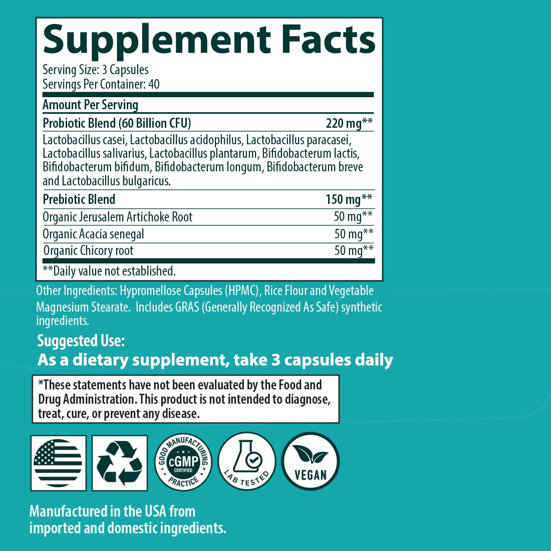 Sanar Naturals Probiotics 60 Billion CFU – Support, Digestive & Gut Health - Probiotics for Women and Men - Vegan, Non-GMO, Gluten Free, 120 Capsules