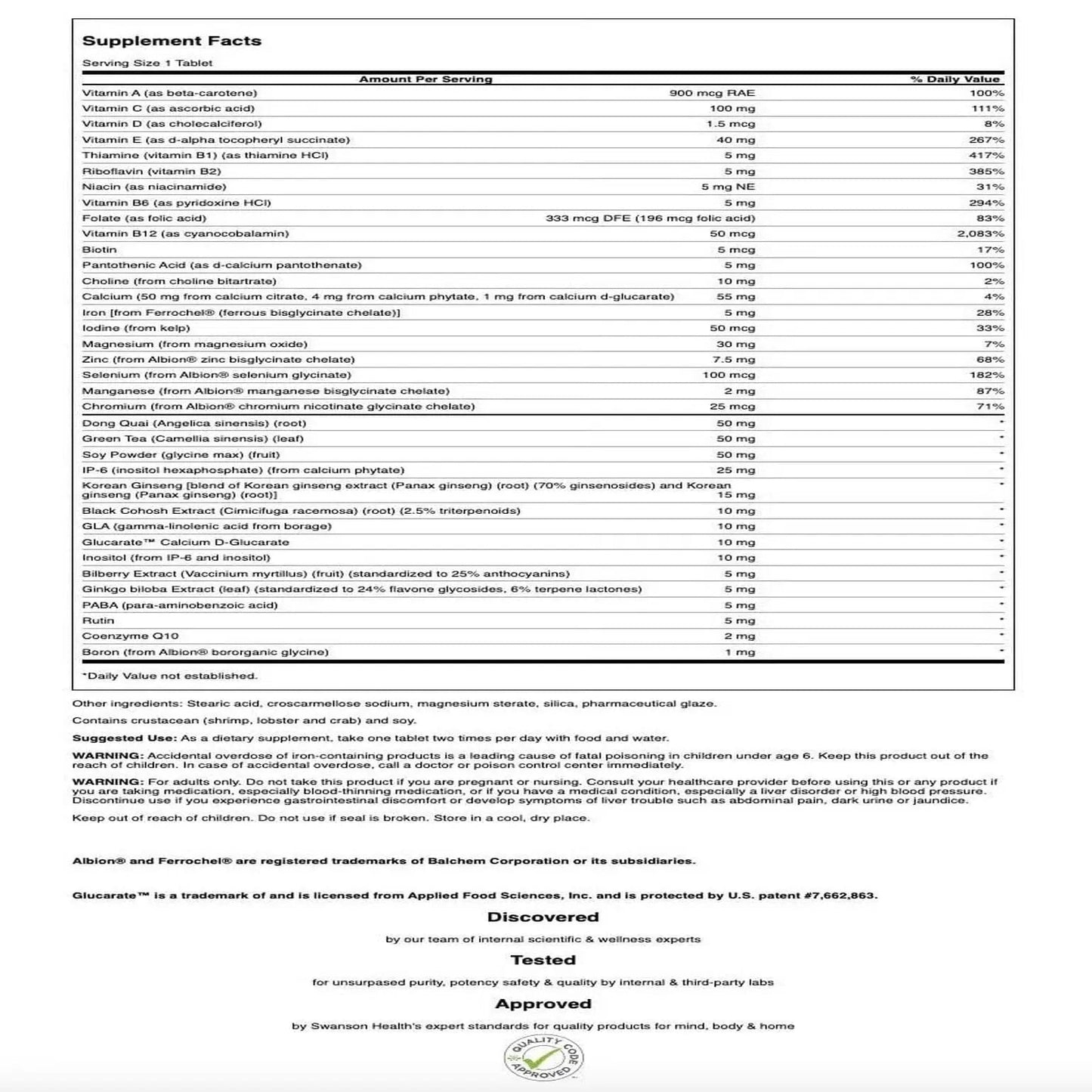 Swanson Multi Women's Prime Multivitamin Multimineral Energy Immune Hormone Balance Wellbeing Health Supplement 90 Tablets (Tabs) Swanson