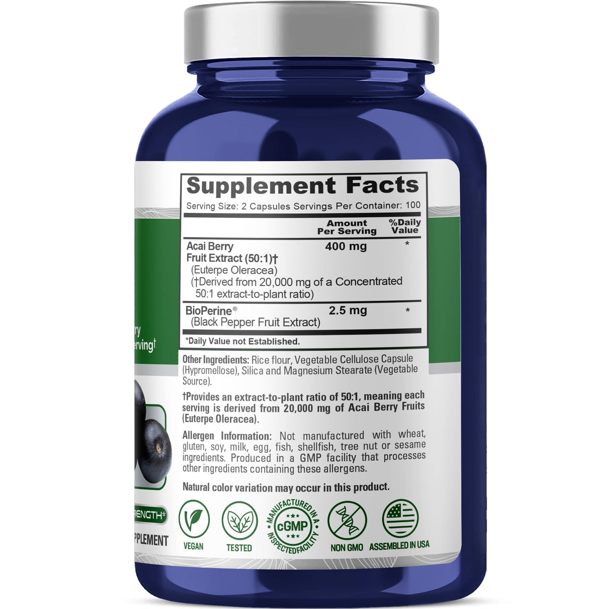 NusaPure Acai Berry 50:1 Extract - Suitable for Vegetarian/Vegan, Non - GMO - 20000 mg - 200 Capsules NusaPureBuy Supplements Australia