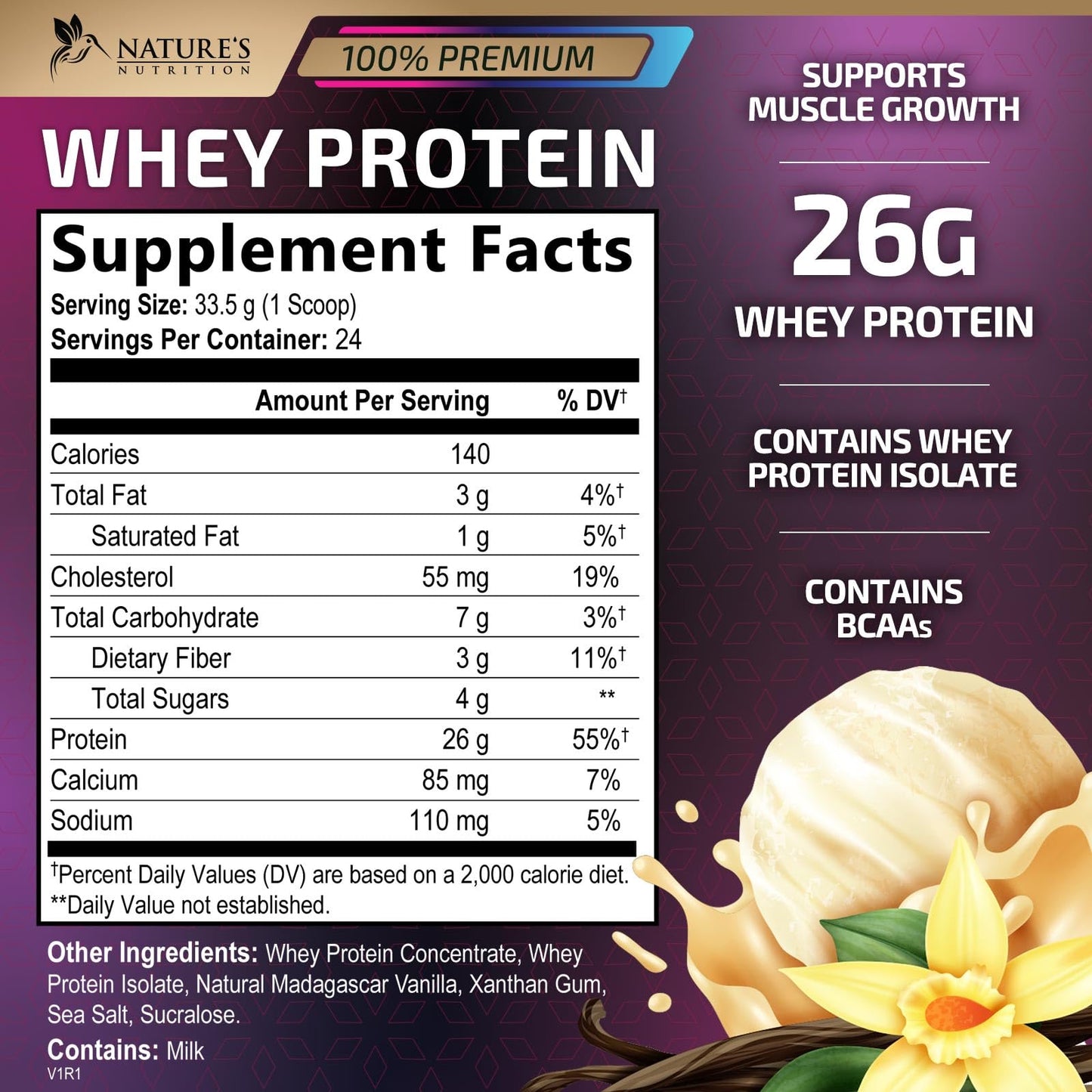 Whey Protein Powder 26g - Vanilla Ice Cream Whey Isolate Protein for Muscle Growth Nature's NutritionBuy Supplements Australia