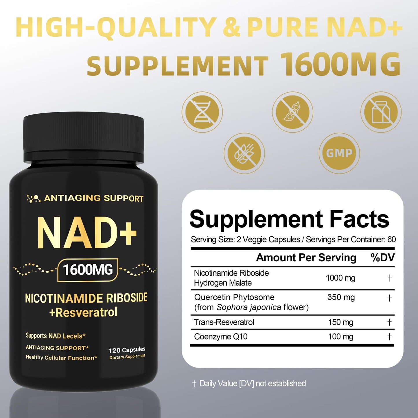 NAD Supplement 1600mg, NAD+ with Resveratrol & Nicotinamide Riboside, Anti-Aging Support, Cellular Energy & Mental Clarity Support, Vegan Non-GMO, 120 Capsules ANTIAGING SUPPORTBuy Supplements Australia