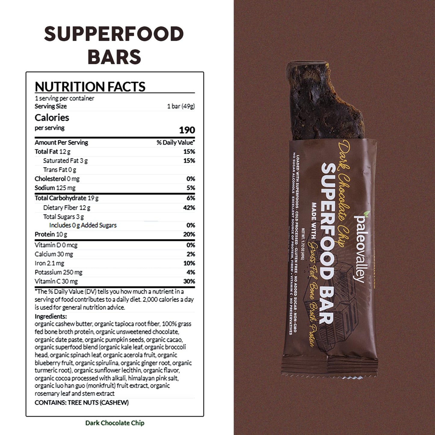 Paleovalley Superfood Bars – Dark Chocolate Chip– 10 Pack – 9g Protein per Bar – Gluten-Free, Grain-Free, Paleo, Non-GMO – On-the-Go Snack PaleovalleyBuy Supplements Australia