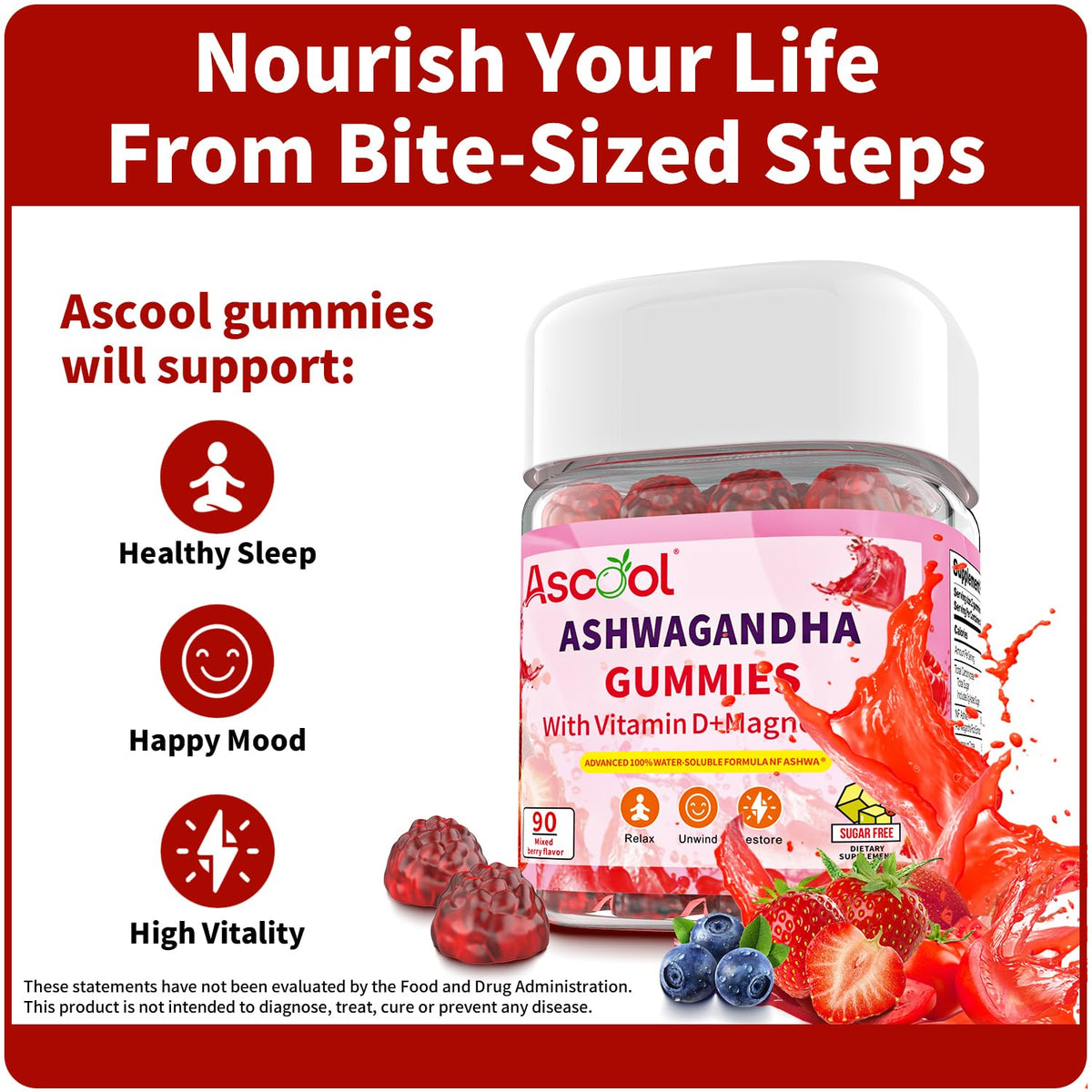 Ascool Ashwagandha Gummies for Stress Support & Relaxation with Magnesium + Vitamin D – 90 Count Sugar-Free, Vegan Ashwa Supplements AscoolBuy Supplements Australia