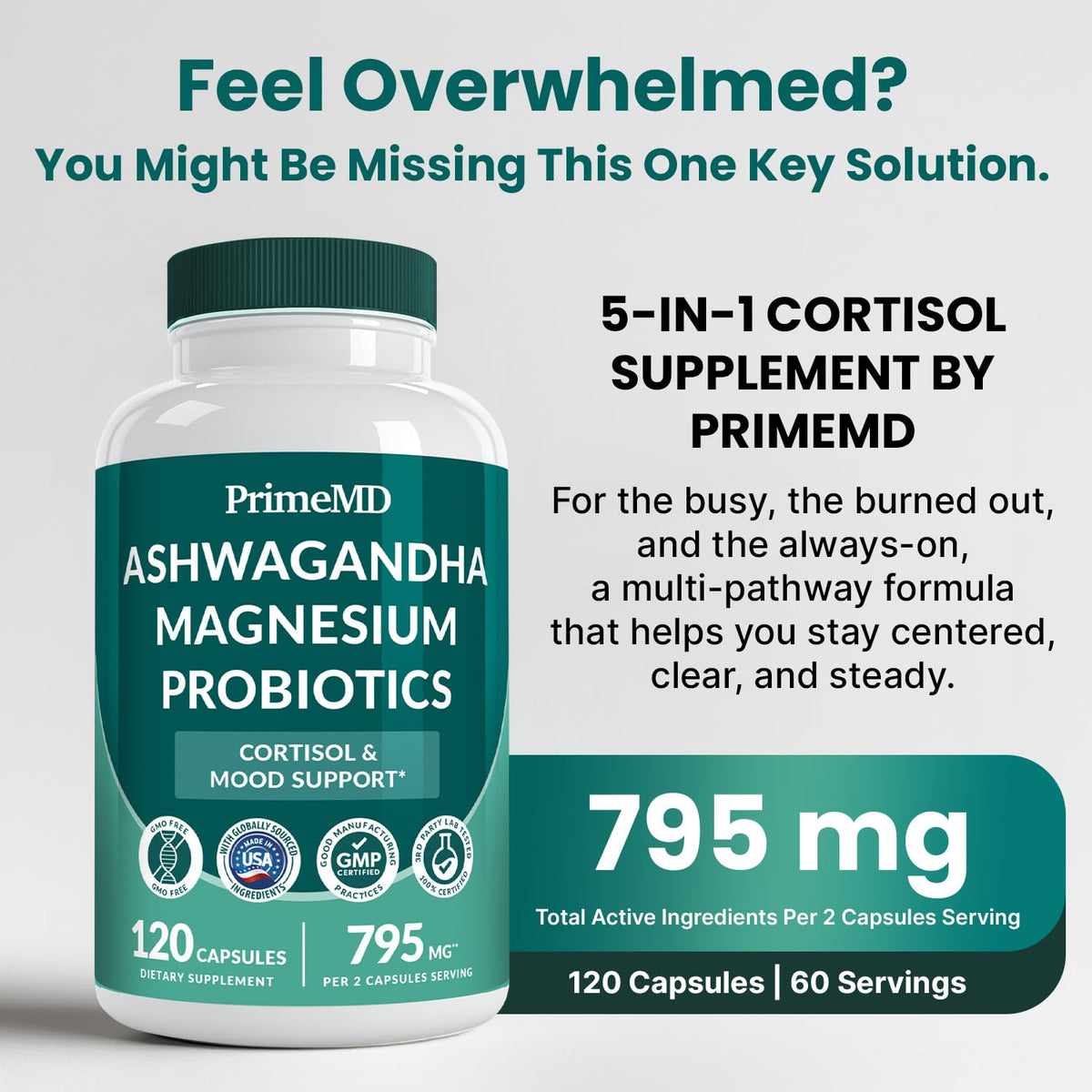 5-in-1 Cortisol Supplement for Women and Men with Ashwagandha for Calmness, Focus, and Adrenal Support Supplements with Shilajit Extract, Magnesium Glycinate, Probiotics (120 ct) (Pack of 1) PrimeMDBuy Supplements Australia