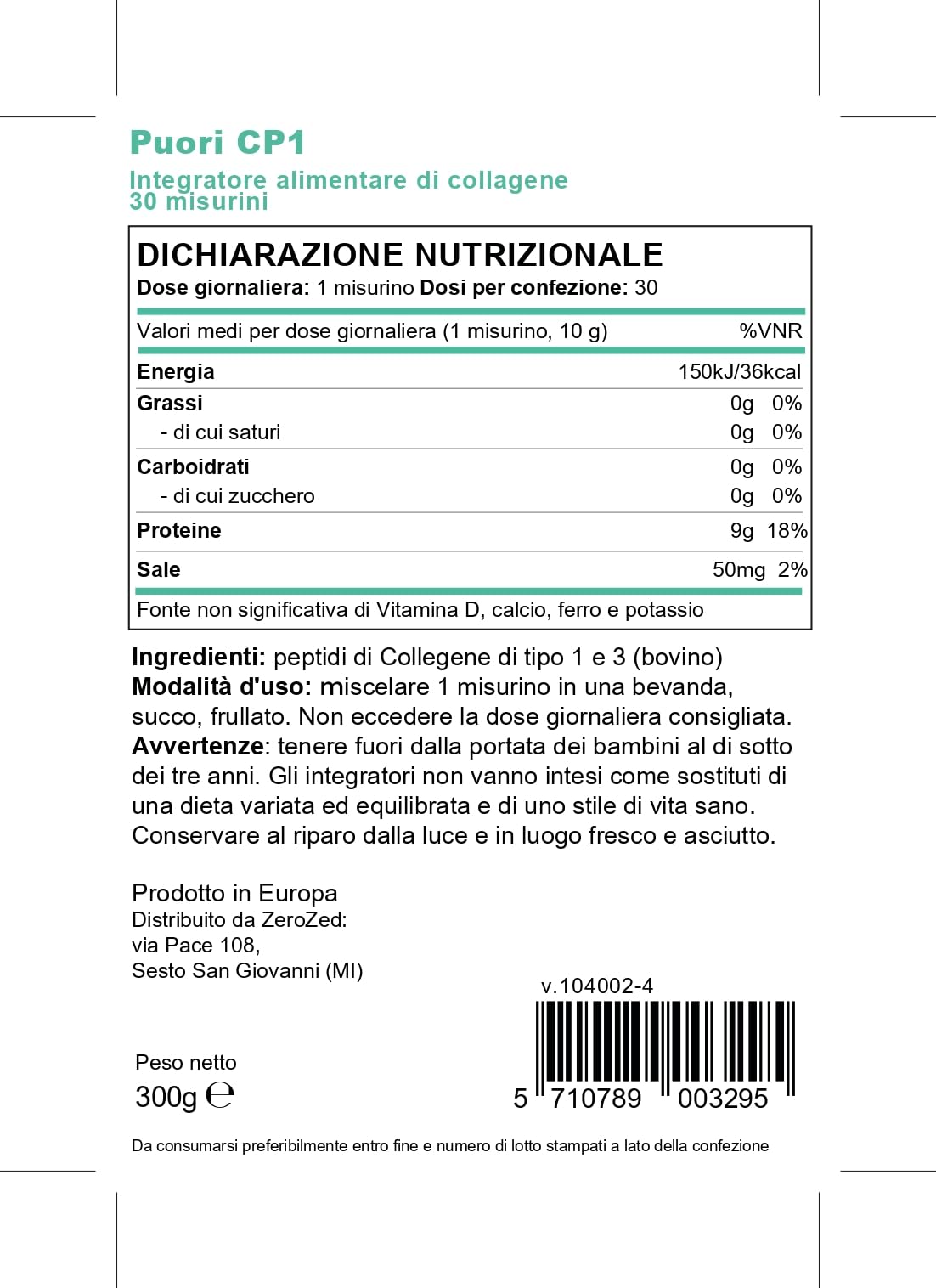 Puori CP1 Pure Collagen Hydrolysed Peptides 300g (30 Servings) PuoriBuy Supplements Australia