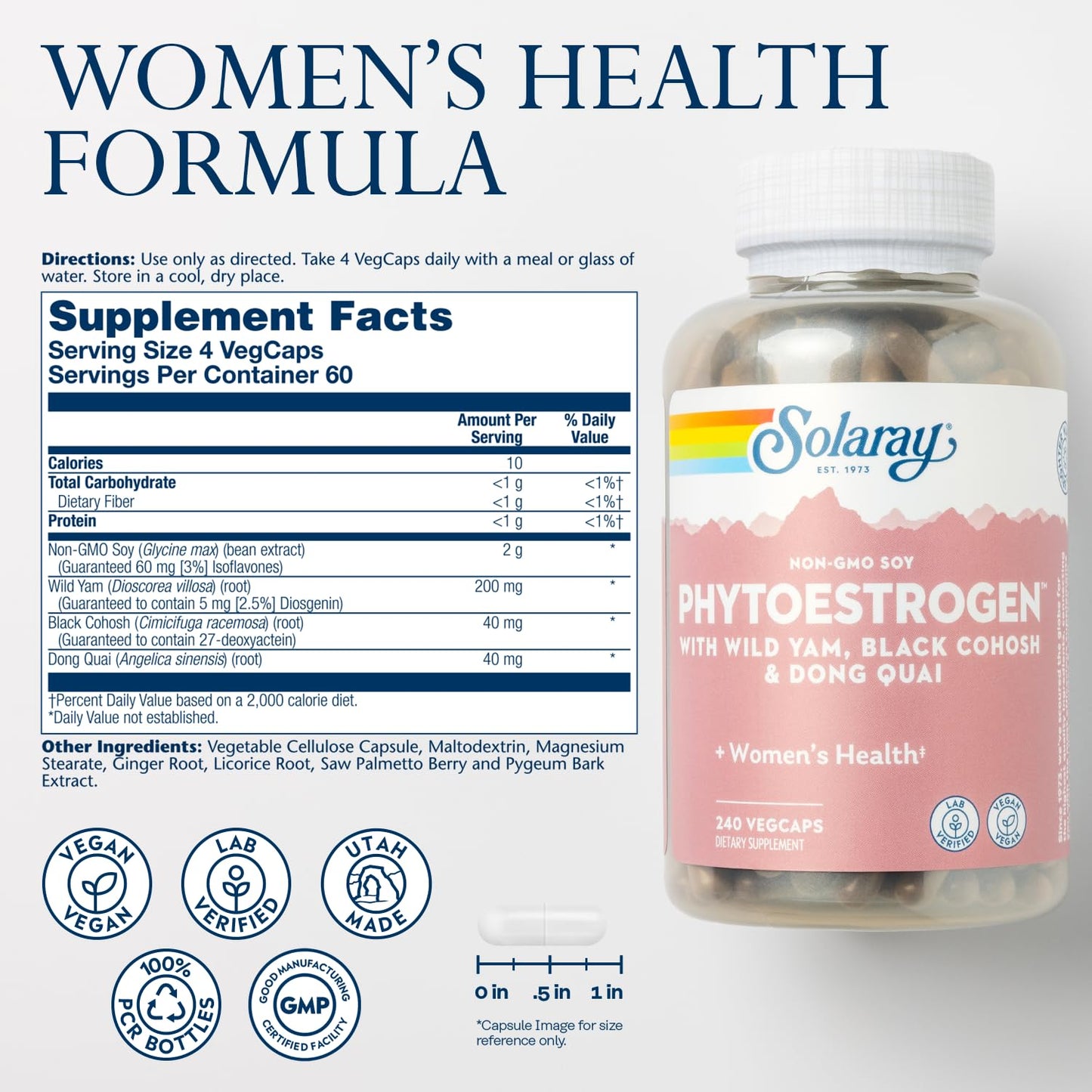 SOLARAY PhytoEstrogen Menopause Supplements with Wild Yam, Black Cohosh and Dong Quai - Phyto Estrogen Pills for Perimenopause and Menopause Support, Vegan, 60-Day Guarantee, 60 Servings, 240 VegCaps SOLARAYBuy Supplements Australia