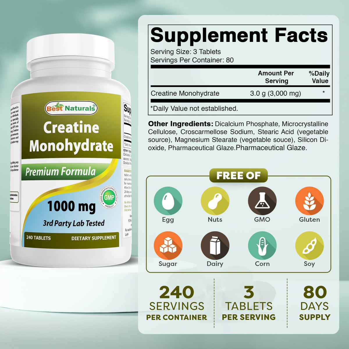 Best Naturals Creatine Monohydrate 1000 mg 240 Tablets Best NaturalsBuy Supplements Australia