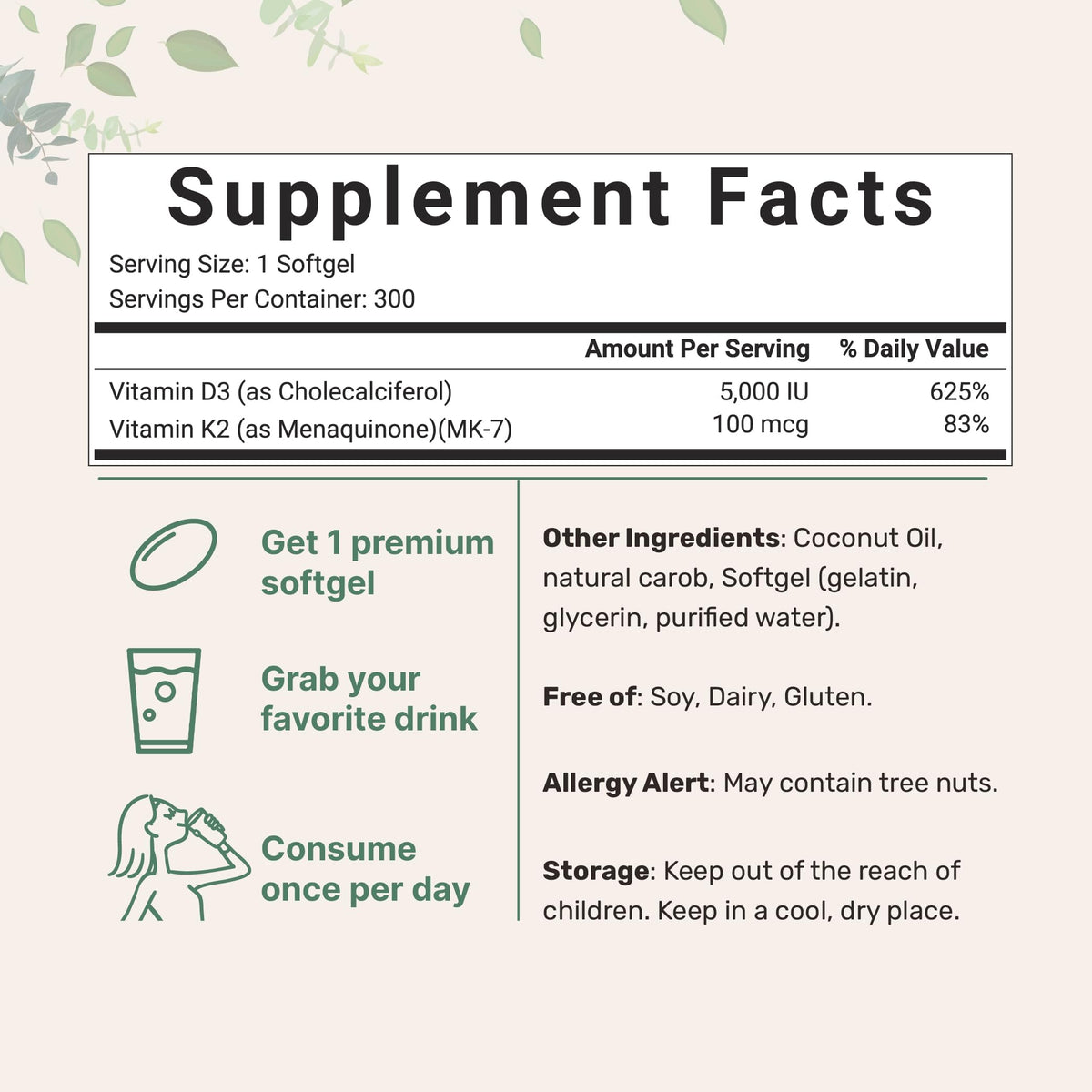 Micro Ingredients Vitamin D3 5000 IU Plus K2 (MK-7) 100 mcg, 300 Virgin Coconut Oil Softge Micro IngredientsBuy Supplements Australia