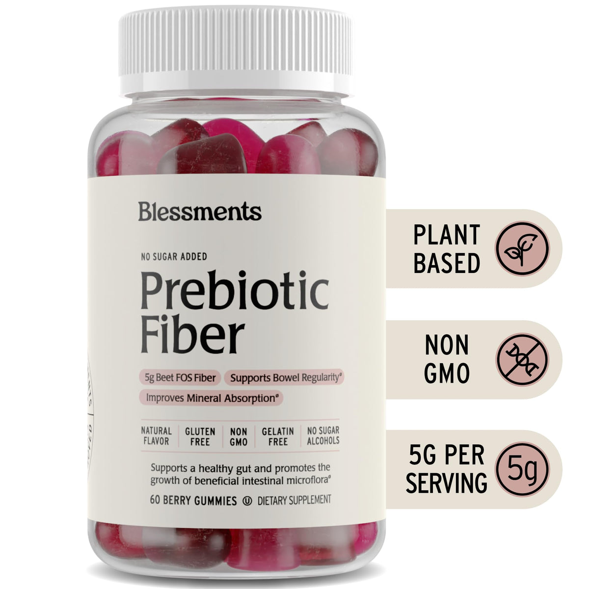 Blessments - Prebiotic Fiber Gummies for Adults & Kids with No Added Sugar- 5g (60 Count) High Fiber Supplement Gummies - Vegan - Keto Friendly - Digestive Health Supplements