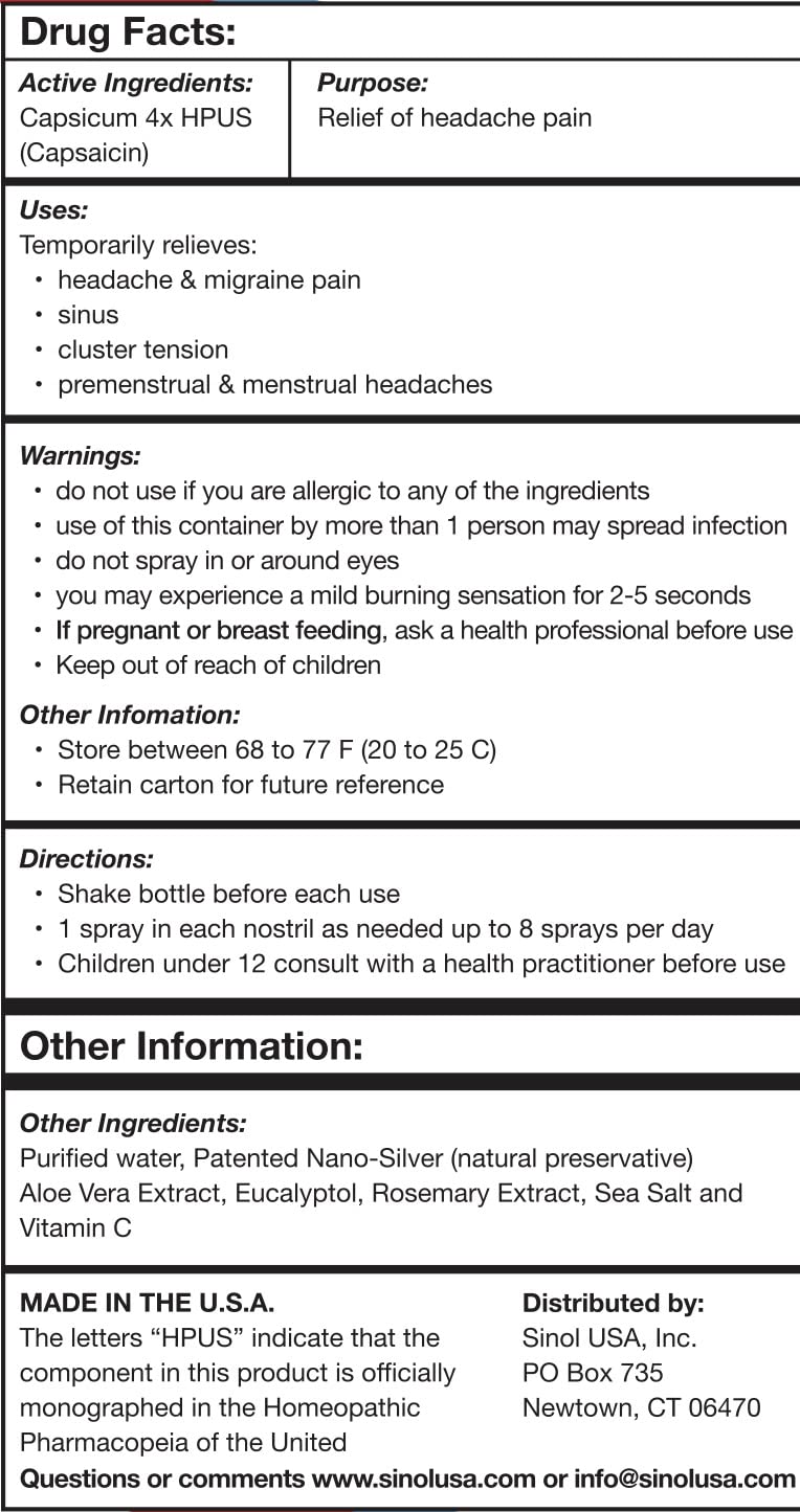 Sinol Headache Relief Spray, Over-The-Counter Medication Nose Spray for Migraine Cluster Tension, Sinus Relief & Nasal Decongestants, 15 ml SinolBuy Supplements Australia