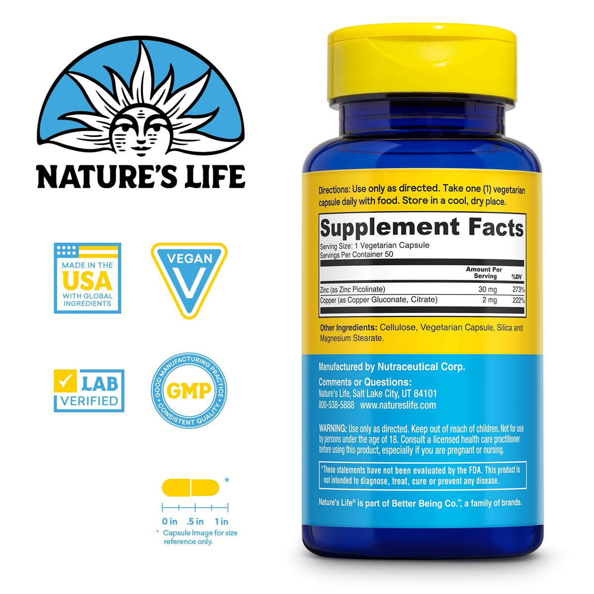 Nature's Life Zinc Picolinate 30mg Plus 2mg of Copper - Chelated Zinc Supplement for Immune, Cardiovascular, Skin, Cellular Function, and Muscle Support - 60-Day Guarantee - 50 Servings, 50 Capsules Nature's LifeBuy Supplements Australia