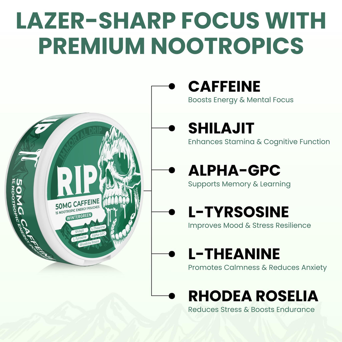 Immortal Drip RIP Nootropic Energy Pouches (Wintergreen) – 5 Cans – 15 Pouches per Can – Clean Energy & Focus Support – 50mg Caffeine, Shilajit, Alpha-GPC, L-Tyrosine, Rhodiola Immortal DripBuy Supplements Australia