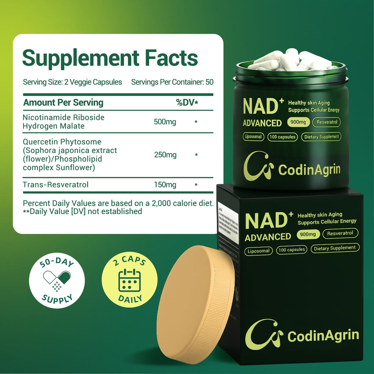 CodinAgrin NAD+ Supplement with Resveratrol 900mg Nicotinamide Adenine Dinucleotide Complex for Cellular Energy Repair, Anti-Aging & Mental Clarity Support, Non-GMO, Vegetarian Friendly, 100 Capsules CodinAgrinBuy Supplements Australia