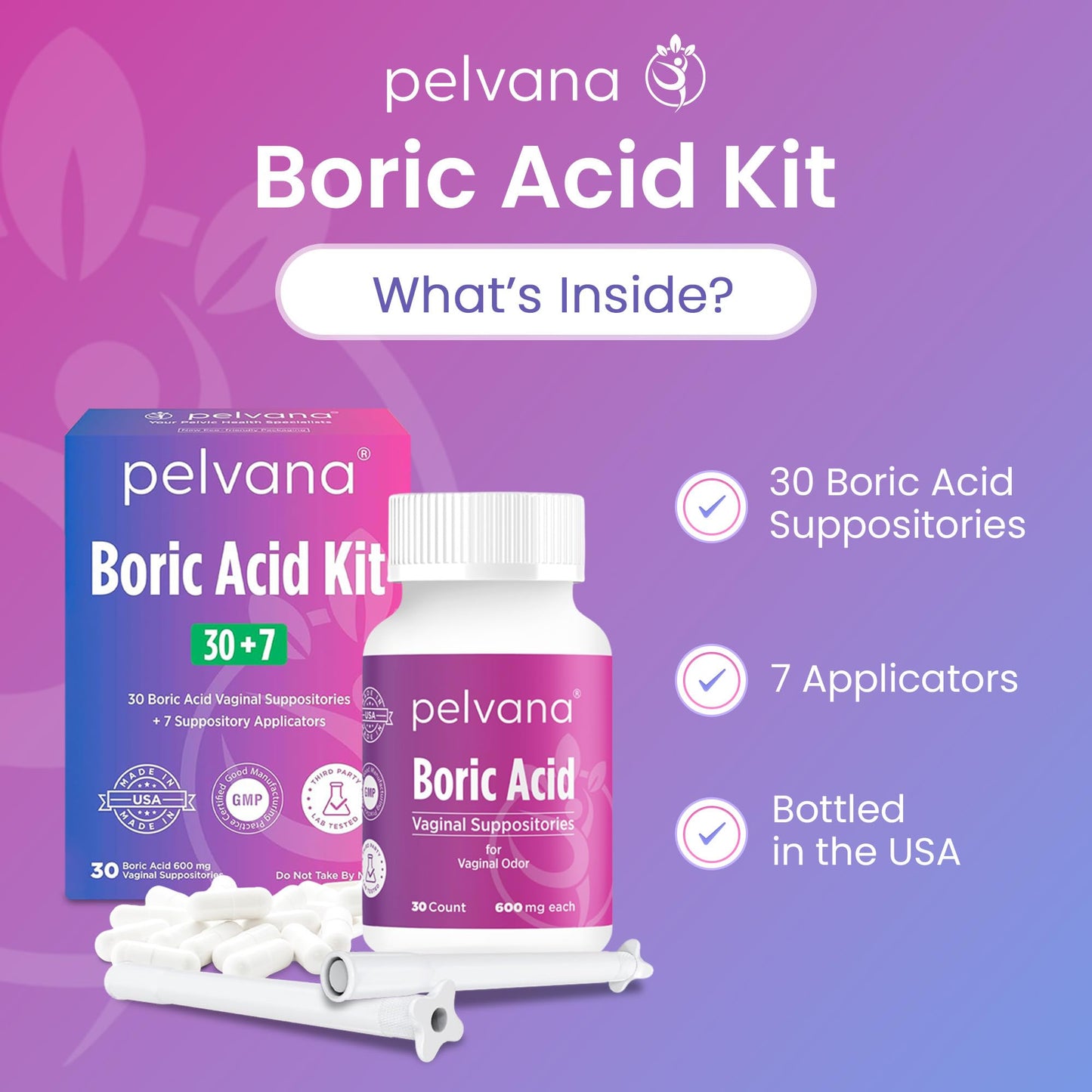 Pelvana Boric Acid Suppositories for Women - 30 Count + 7 Applicators - 600mg Boric Acid Capsules for Vaginal Odor Use PelvanaBuy Supplements Australia