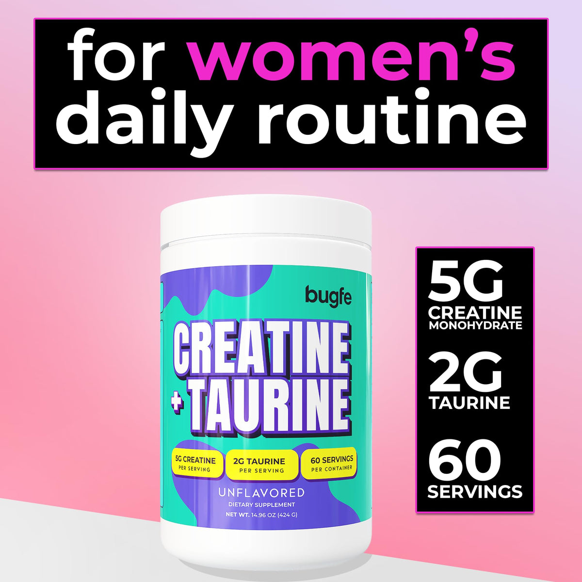 Creatine with Taurine for Women & Men - Unflavored Micronized Creatine Monohydrate Plus Taurine Powder to Support Muscle Strength, Recovery & Brain Health (60 Servings) BugfeBuy Supplements Australia