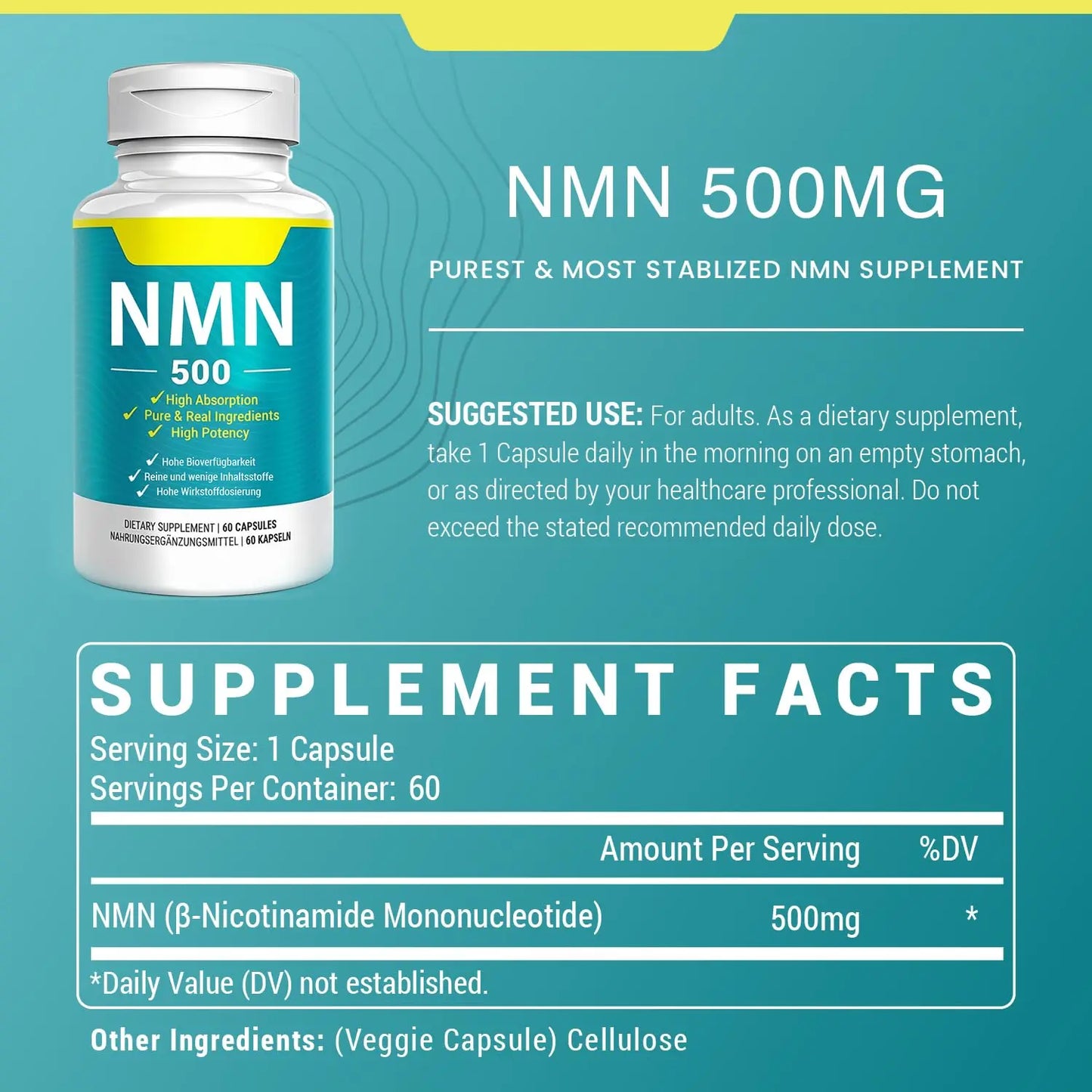 Vegan NMN Supplement 500mg, Higher Absorption - 99% Pure NMN (Nicotinamide Mononucleotide)for NAD+, Cellular Energy Immune Muscle, Anti-Aging & Longevity, Stabilized NMN - 60 Capsules (60 Days Supply) NivantavBuy Supplements Australia