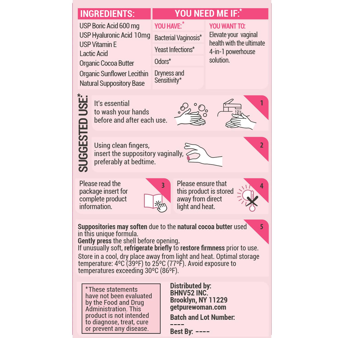 PURE WOMAN - pH-ighter Vaginal Boric Acid Suppositories for Women - Hyaluronic Acid - 4 in 1 Vaginal Suppositories for Discomfort, Dryness, Odor & pH Balance- Full Vaginal Health Care - 10ct PURE WOMANBuy Supplements Australia