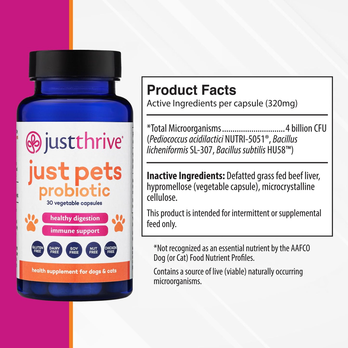 Just Thrive Just Pets Probiotic - Daily Digestive Probiotics for Dogs and Cats - 4 Billion CFUs Pet Probiotic, 30 Capsules Just ThriveBuy Supplements Australia