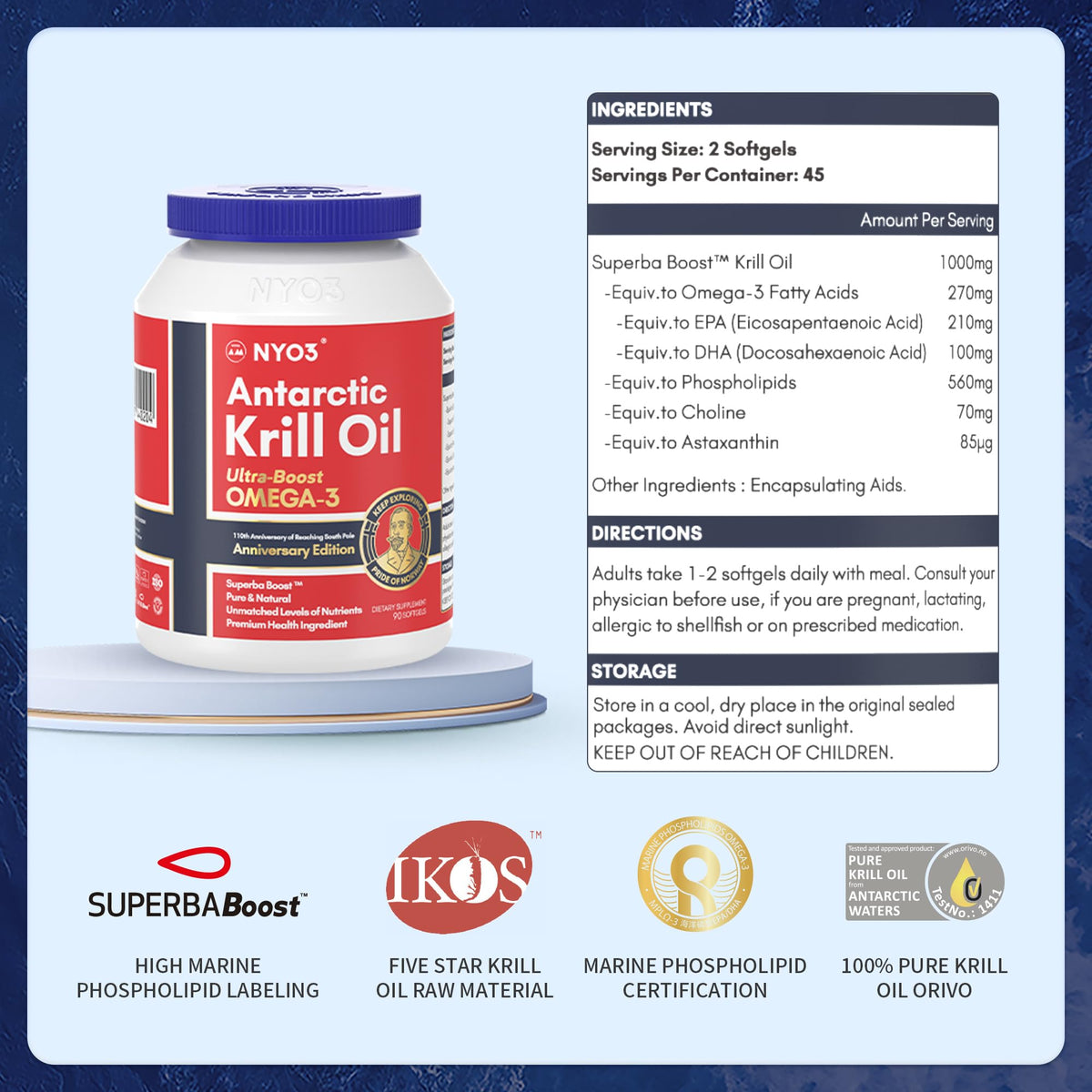 NYO3 Antarctic Krill Oil 1000mg Omega 3 Supplement, EPA & DHA, 90 Softgels Astaxanthin NYO3Buy Supplements Australia