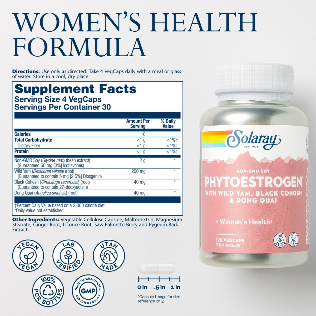 SOLARAY PhytoEstrogen Menopause Supplements - Wild Yam, Black Cohosh, and Dong Quai Estrogen Pills for Women's Health - Vegan, Lab Verified, 60-Day Guarantee (30 Servings, 120 VegCaps) SOLARAYBuy Supplements Australia