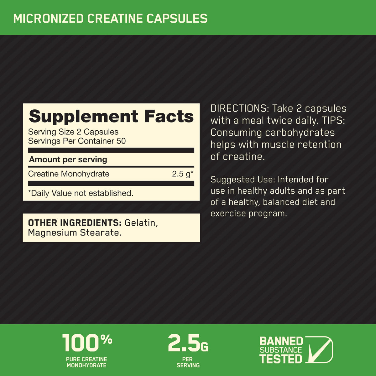 Optimum Nutrition Micronized Creatine Monohydrate Capsules, Keto Friendly, 2500mg, 100 Capsules Optimum NutritionBuy Supplements Australia