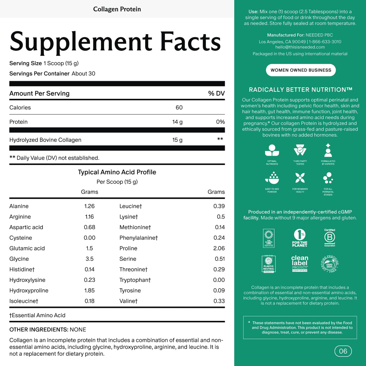 Needed. Hydrolyzed Collagen Protein Powder | Expert-Backed & Clean Sourced | Supports Skin, Hair, Joints | Grass-fed, Pasture-Raised, Hormone-Free | 1lb