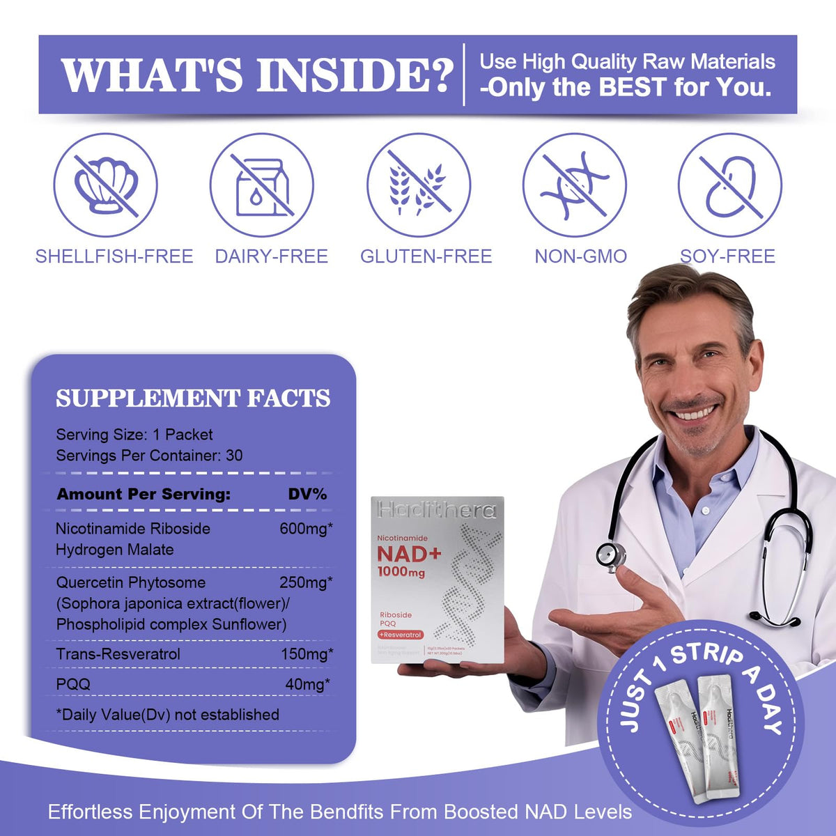Haditheran NAD Supplement 1000mg Synergistic Blend with Nicotinamide Riboside, PQQ & Resveratrol - Premium Anti-Aging Supplement for Cellular Energy, Mental Clarity and Longevity (30 Packets) HaditheranBuy Supplements Australia