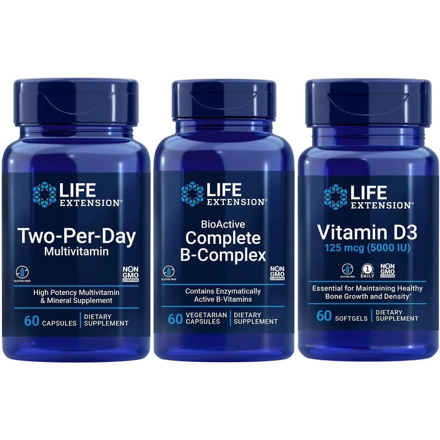Life Extension Two-Per-Day Multivitamin, 60 capsules | BioActive Complete B-Complex, 60 capsules | Vitamin D3 125 mcg (5000 IU), 60 softgels | Bone & immune health, energy and metabolism support Life ExtensionBuy Supplements Australia