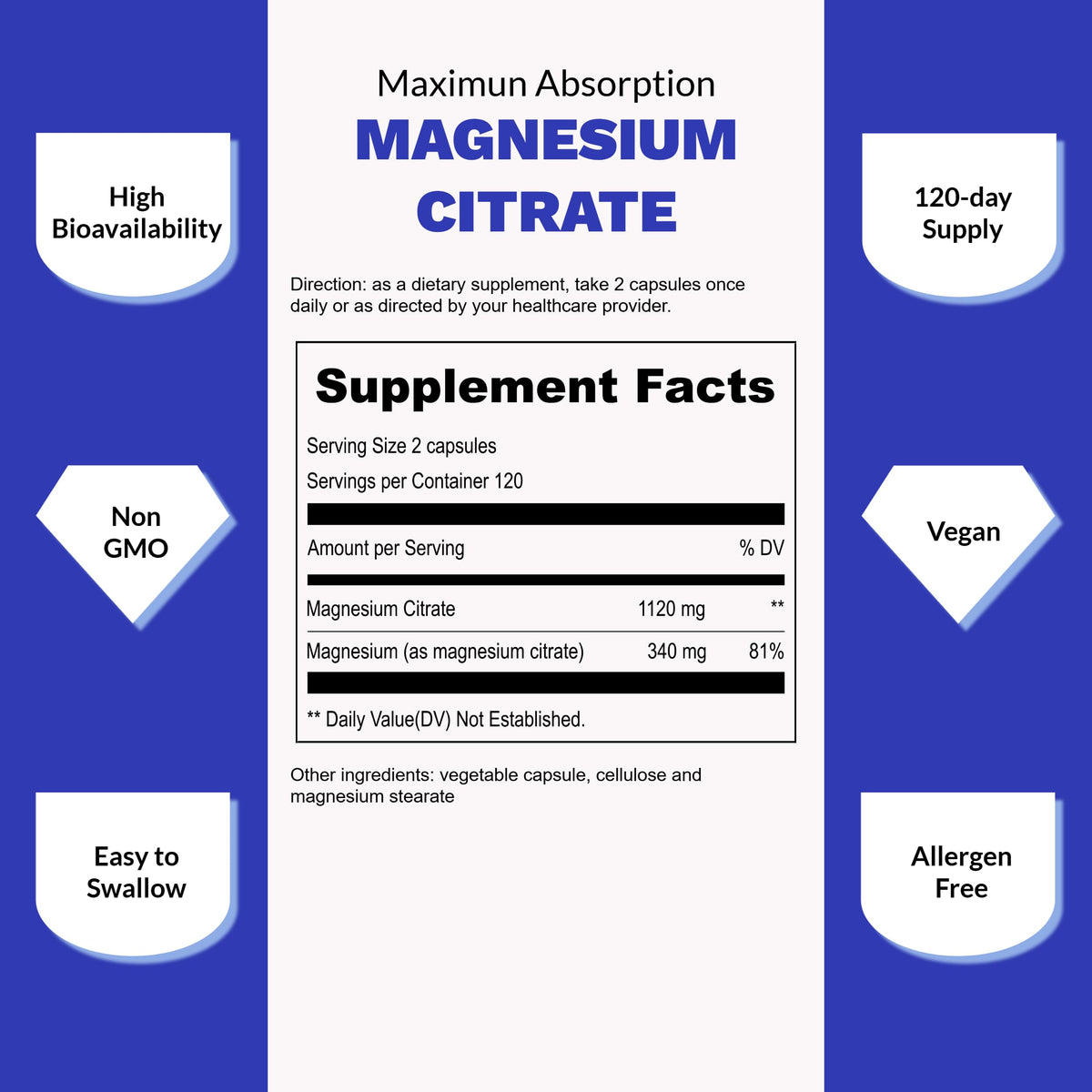 UpNourish Pure Magnesium Citrate (Citrato de Magnesio) 1120mg, 240 Capsules - High Absorption Magnesium Supplement for Women & Men - Natural Calm Magnesium for Constipation, Relax, Cramp Defense UpNourishBuy Supplements Australia